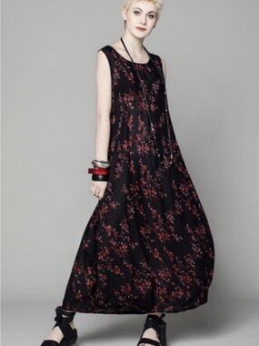 🇨🇦 KALIYANA art dress Kauai Maxi Sakura Delphi Black & Floral Sz 2 Lagenlook